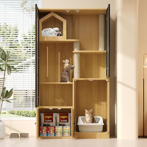 Casa para gatos grande de cristal de 4 pisos – Villa para gatos de madera con postes rascadores, resistente a la intemperie y resistente al invierno, para interior y exterior, color madera de arce