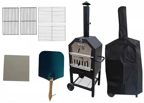 Multi-Fuel Portable Oven with Rotating Wheels and Ash Drawer, Perfect for Garden Pizza Making and Family BBQ, Features Dual Cooking Zones with Storage Shelf