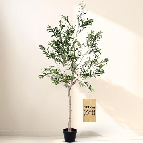 NOVECRAFTO 6FT/180CM Artificial Olive Tree with Decorative Pot & Mediterranean Stones – Realistic Indoor Faux Olive Tree with Natural Trunk, Lifelike Leaves & Fruits – Living Room, Bedroom, Office