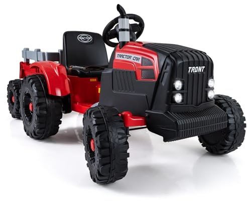 RELAX4LIFE Trattore Elettrico a Batteria 24V con Rimorchio Staccabile, Controllo Remoto, Porta USB, Connessione Wireless e Luci LED, Veicolo a 3 Velocità per Bambini dai 3 agli 8 Anni (ROSSO)
