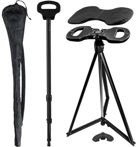 Bastone da passeggio pieghevole con sedile, bastone da passeggio leggero in alluminio per anziani, sgabello portatile 2 in 1, supporta 150 kg, include borsa per il trasporto