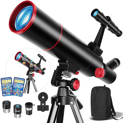 HETEKAN Telescope for Kids & Adults High Powered, 80mm Aperture 500mm Astronomy Telescope for Beginners (20X-150X), Portable Refractor Telescope with Tripod, Phone Adapter, Backpack & Stickers (Black)