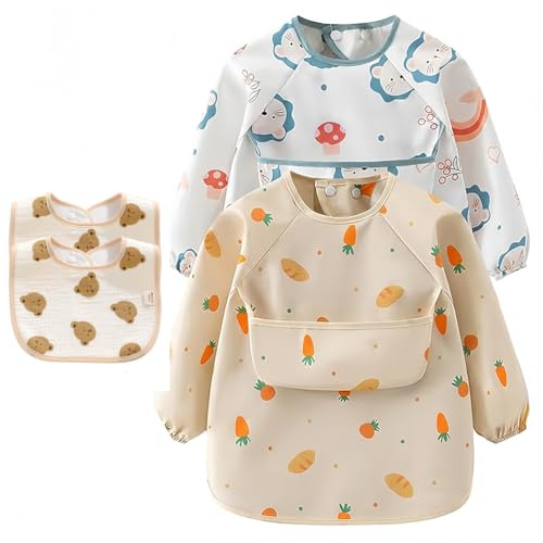 Lot de 4 Bavoir Manches Longues Imperméable, 2 Bavoirs à Manches + 2 Bandanas Réglables，Tablier Peinture tavec Poche, Bavette Repas Alimentation pour Fille Garçon Kit Bavoirs Tablier pour Manger et