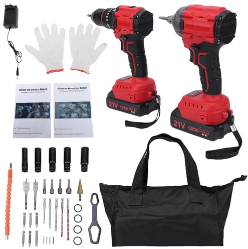 Yechiry Kit de Taladro y Llave de Impacto de 21 V, Motor sin Escobillas de 350 N de Torsión de 2400 RPM con Luz LED de 2 Baterías, Ideal para Bricolaje Automotriz y Uso Profesional (Enchufe UE 230V)