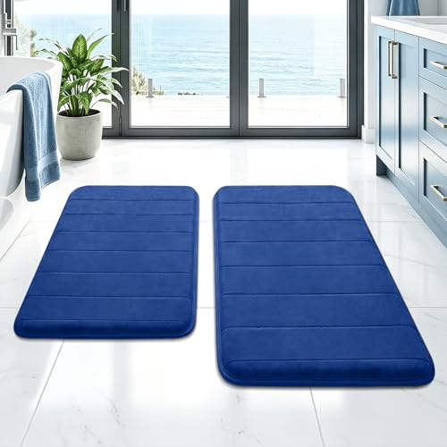 NAKIHOUSE Badezimmerteppich Set 2 Teilig rutschfest & Saugfähig Badematte | 2cm Dicker Memory Schaum Badvorleger, Waschbar, Weich und Schnell Trocknend Badteppich für Dusche, WC & Badewanne, Blau