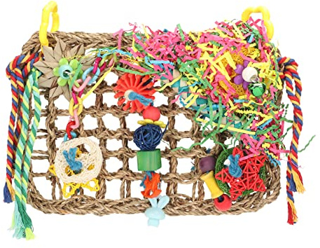 CHHELIHL Papageien-Kletternetz, natürlich bissfest, farbenfrohes Seegrasgewebe, Kletterhängematte, Vogelspielzeug zur Futtersuche mit Haken