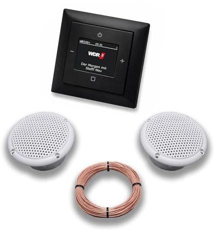 Busch Jäger DAB+ Unterputz Unterputzradio DAB Plus 8215 U – 101 Balance Si schwarz matt -915 - Komplettset + 2 x Deckenlautsprecher Feuchtraum Badezimmer + 20 Meter Lautsprecherkabel 2x0,75 mm² 8215U