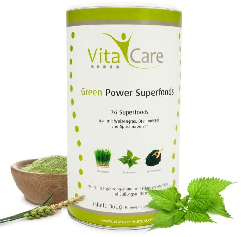 VitaCare Green Power Superfoods, 360g zuckerfreies Smoothie-Pulver zum Anmischen grüner Smoothies, Fitness-Drink glutenfrei, laktosefrei & vegan