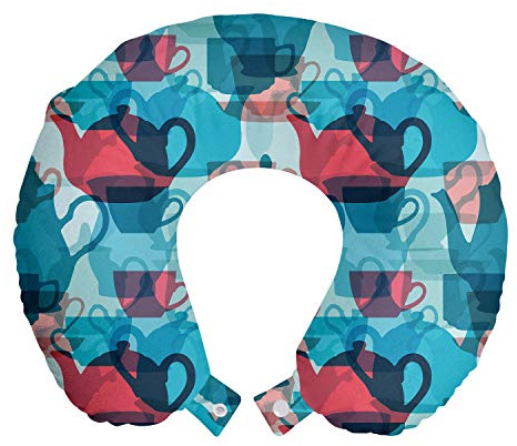 Ambesonne Tea Party Travel Pillow Neck Rest, Crockery Composition Abstract Overlapping Silhouettes Teapot and Cups, Memory Foam Traveling Accessory for Airplane and Car, 12, Dark Coral Pale Blue