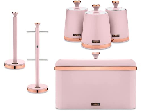 TOWER Cavaletto Contemporary Kitchen Storage Set of 6 Items. Bread Bin, Tea, Coffee & Sugar Canisters, Mug Tree & Towel Pole. Stylish Matte Pink Finish with Elegant Rose Gold Accents