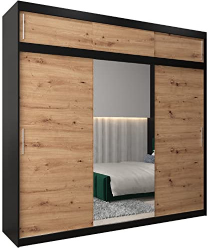 MEBLE KRYSPOL Kleiderschrank mit Spiegel Tokyo 1 - Garderobenschrank - Schrank Schlafzimmer - Mehrzweckschrank DREI Schiebetüren - Regalen - Flur Möbel - Kleiderstange Schrank - Allzweckschrank