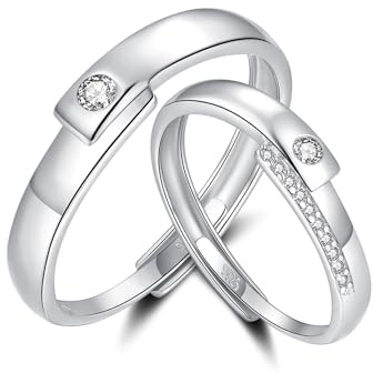 Bewenda Silber Paar Ringe, 925 Sterling Silber Partner Ringe für Damen & Herren, Verstellbar Partnerringe Verlobungsring Hochzeitsring, Einfach Offen Eheringe Band Ring mit Weiß Zirkonia Geschenkbox