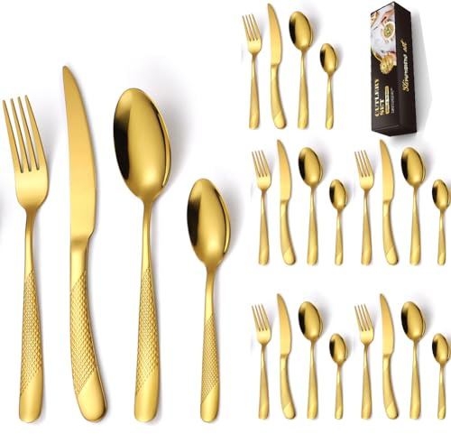 Home Safety Ensemble de couverts 24 pieces martelées or champagne, Couverts de table pour 6 personnes, set de couvert couteaux, fourchettes, cuillères