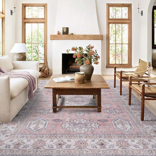 Taleta ALU Washable Rugs Living Room Large Pink Non Slip Soft Short Pile Vintage Oriental Area Rugs for Bedroom Kitchen Dining Room (Pink, 160 x 230 cm)