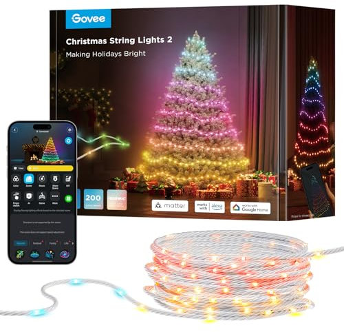 Govee RGBWIC Weihnachtsbeleuchtung 20m, Weihnachtslichterkette Außen & Innen mit 200 LEDs für Weihnachtsbaum, 130+ Szenenmodi, Shape Mapping, App Steuerung, Kompatibel mit Matter, Transparentes Kabel