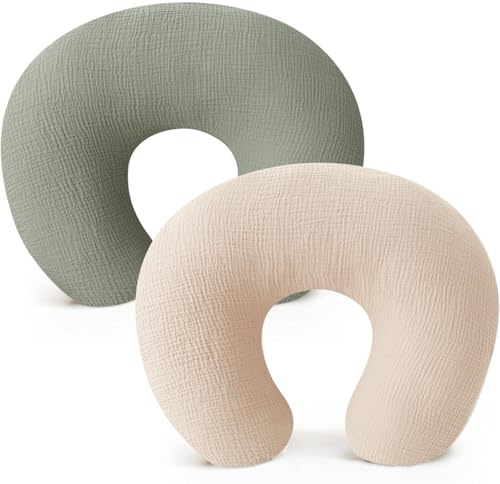 Konssy Musselin-Stillkissenbezüge, Stillbezug für Stillkissen, Kissenüberzug für Babys, Mädchen, Jungen, Neugeborene, Nebelgrün, Cremefarben, 2 Stück