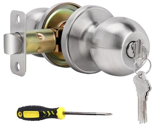 huifllyhui Door Knob with Lock and Key,Entry Door Knobs with Lock and Keys, Exterior/Interior Door knob for Bedroom or Bathroom,Satin Nickel Door Handle,Entry Door (2, Silvery)