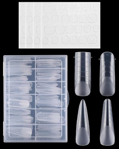 CULEB 96 Piezas Uñas Postizas Transparentes Con 96 Piezas Gel Uñas Pegatinas Kit,4 Estilos Diferentes 12 Tamaños Para Una Cobertura Completa,Para Niñas Damas Diseño Uñas Salones y DIY