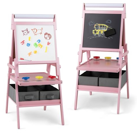 GOPLUS 3 in 1 Kinderstaffelei, multifunktionale Doppelstaffelei mit Whiteboard, Kreidetafel & Papierrolle, stehende Kindertafel mit Regal, 3 Bechern & 2 Stoffschubladen, für Kinder ab 3 Jahren (Rosa)