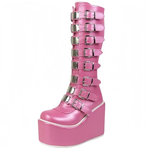 FQLGJMY Mujeres rodilla alta cuña plataforma botas con tacón alto grueso encaje y cremallera Punk gótico medio ternera botas de combate moto botas con hebillas de metal para otoño invierno