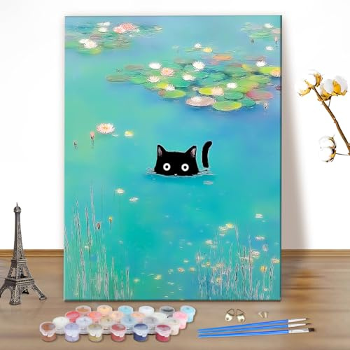 MEIYUDA Malen Nach Zahlen Erwachsene Lustige Katze, See Paint by Numbers Bastelset Malen Nach Zahlen, DIY Set mit Pinseln Acrylfarben Handgemalt Ölgemälde Leinwand für Home Décor 40x50cm(Ohne Rahmen)