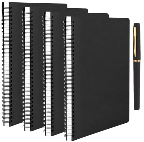 wiksite Notizbuch A5 Kariert, 4 Stück Notebooks Spiralbindung 14x21cm A5Kariertes 5 mm NotizheftA5, Spiralblock Tagebuch - 60 Blatt/120 Seiten Notizblock A5 Skizzen Kariert - Schwarz