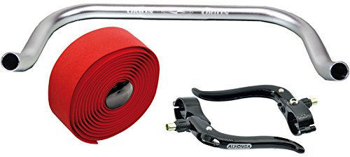 Permanent cykel bullhorn Fixie Singlespeed racercykel triathlon-styre silver 440 mm med matchande bromsspak och rött styrband