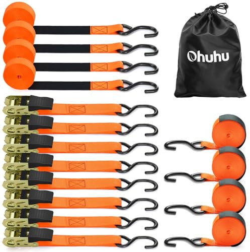 Ratchet Tie Down Straps 4 Pack, Ohuhu 4.6m 680kg Break Strength Tie Down Straps with S Hook, Ratchet Tie Down Lashing Straps, Ratchet Straps for Moving Appliances, Motorcycle (Orange/8pcs)