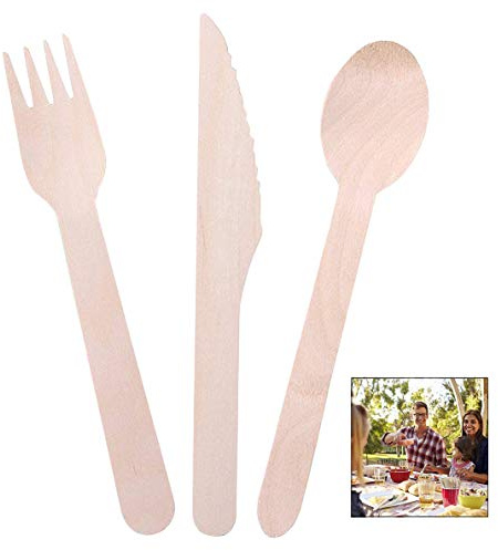 iPobie 100 Pièce Couverts en Bois Jetables, Ustensiles Biodégradables écologiques pour fête, Anniversaire, Camping, Pique-Nique
