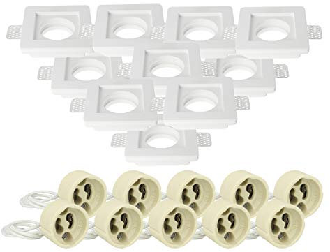 LEDLUX Lot de 10 spots encastrables en plâtre céramique pour contre-plafond, douille GU10 incluse couleur blanche à peindre anti-rayures (carré 100 x 100 mm)