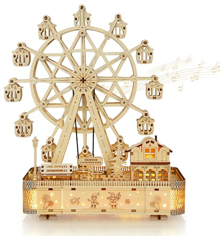 Cuteefun Holzmodelle Bausätze, Riesenrad mit Musik & LED Licht [183 Pcs] | Hölzerne Mechanische 3D Puzzle, für Erwachsene & Jugend, Baukasten Holz, Wohndekoration, Einzigartiges Geschenk