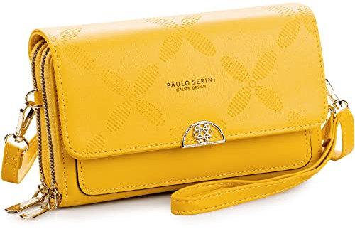 PAULO SERINI® Umhängetasche Damen | Handytasche zum Umhängen aus 100% veganem Leder | Handtasche Damen kleiner Crossbody Bag mit 2 Fächern & Reißverschluss | Women Purse Royal Yellow | gelb