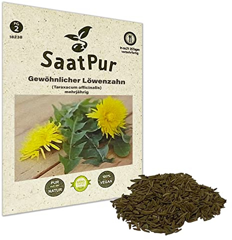 SaatPur® Saatgut Geewöhnlicher Löwenzahn Samen für ca. 500 Pflanzen, Löwenzahn alte Sorte, Wildkraut mehrjährig, Löwenzahnsamen, 100% naturrein, hohe Keimkraft, nachhaltige Graspapier-Verpackung