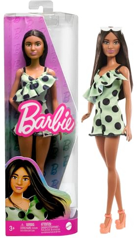 Barbie - Bambola Fashionistas castana con tutina a pois e accessori, giocattolo per bambini, 3+ anni, HPF76