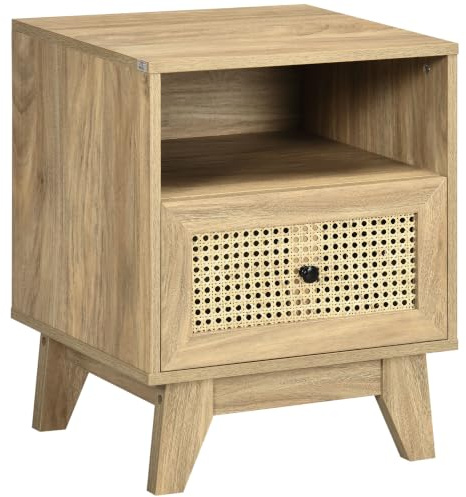 HOMCOM Table de Chevet Table de Nuit Meuble de Rangement avec tiroir Porte cannage et Niche Design Vintage 45 x 39 x 56,5 cm