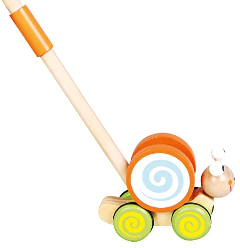 Bino World of Toys Schiebetier Schnecke aus Holz, Spielzeug für Kleinkinder ab 18 Monaten, Schiebespielzeug zur Förderung kindlicher Fähigkeiten mit einem Holzgriff von 48 cm, Mehrfarbig
