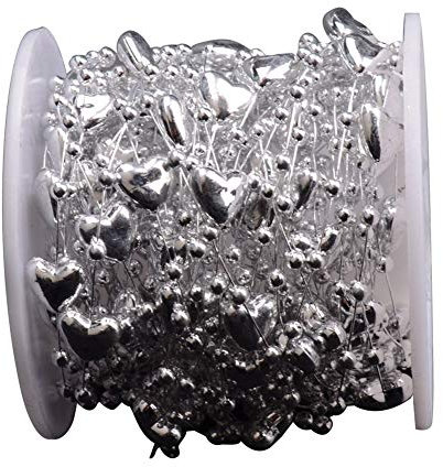10m Weihnachtsbaumschmuck Herzform Perlengirlande, Perlenstränge Spule Perlenschnur Perlenrolle Perlengirlande Für Hochzeitsfeier Weihnachtsbaum(Silber)