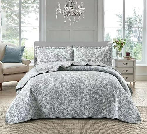 PRIME LINENS Luxury 3 Piece Quilted Printed Bedspread Set Throw Bedding Set Includes Soft Bed Throw Comforter with 2 Pillow Shams Embroidered Machine Wash (Damask Grey, Super King)