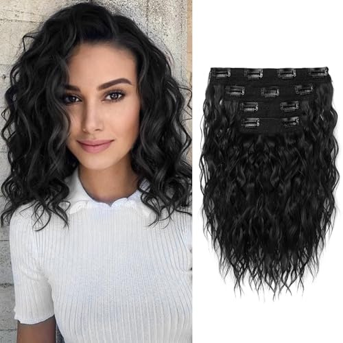 REECHO Clip in Extensions, 30cm Gewellt 4-teilig Haarverlängerung für Sofort Mehr Volumen | Kurzes Haarteil für Natürlich Volleres Haar | Premium Kunsthaar (Matt & Seidig) - Schwarz