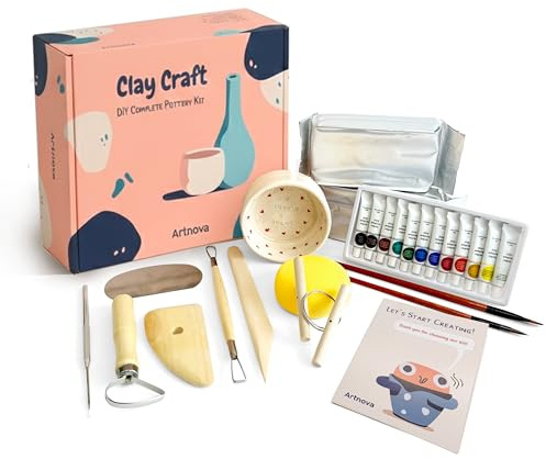 Kit completo di ceramica: strumenti per modellare, colori acrilici e guida rapida per intrattenimento creativo in famiglia fai da te con argilla