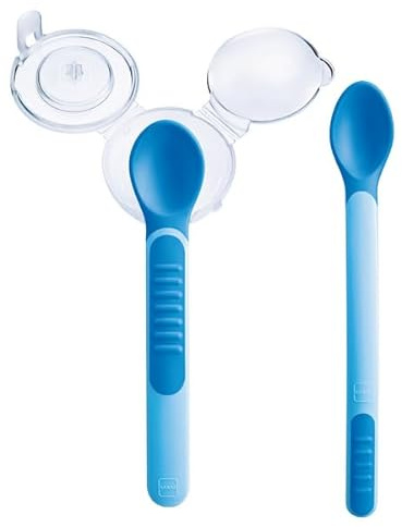 MAM Set de Cucharas, Puntas Sensibles al Calor, Suaves y Delicadas para el Paladar y las Encías del Bebé, Ayudan en la Transición a Comer de Forma Independiente, con Tapa Protectora, Azul, Pack 2 uds