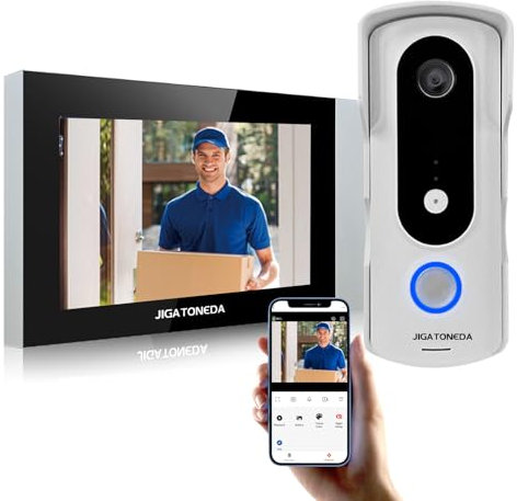 JIGATONEDA Timbre con Video y cámara, Timbre con Video con conexión WiFi e intercomunicador, Timbre con Sensor de Movimiento para Seguridad, Resistente a la Intemperie IP65, 1080P