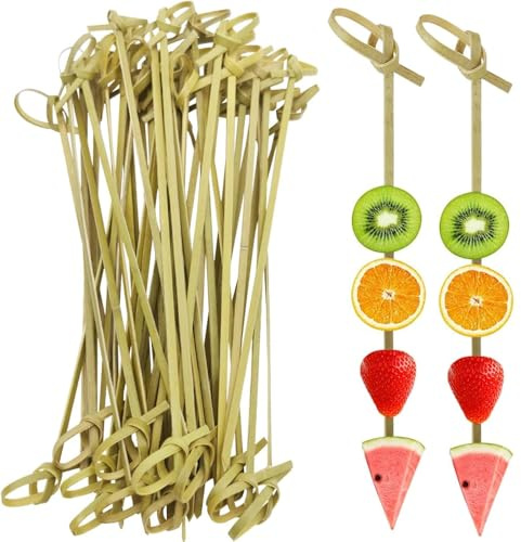 200 palillos de cóctel de bambú, palillos de bambú natural, palillos de dientes para aperitivos, 4 pulgadas con nudo en bucle, palillos de alimentos para aperitivos, accesorios de decoración de cóctel
