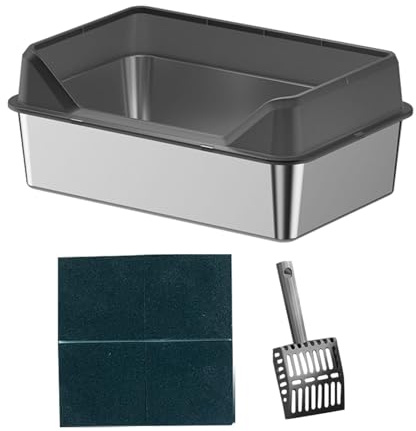 JISADER Offene Katzentoilette, halbgeschlossenes Katzenklo für Hauskatzen, erhöhter Zaun, Katzentoilette aus Edelstahl mit niedrigem Einstieg, Schwarz, 50x35x10cm