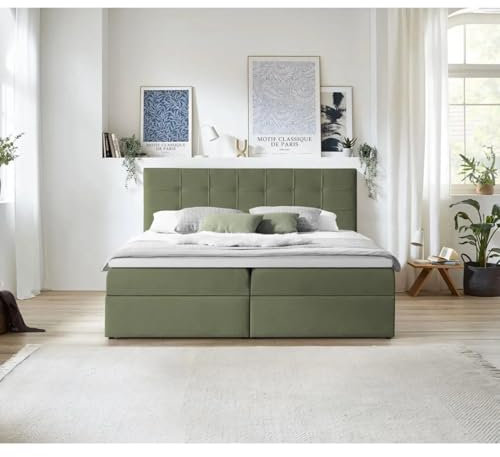 Beautysofa Boxspring Schlafsofa - Bett mit Bonellmatratze und 5 cm Matratzenauflage - Hohe Kopfstütze und zwei große Aufbewahrungsboxen - Doppelbett - Schlafzimmer - Grün (Velo629) - 180x200cm