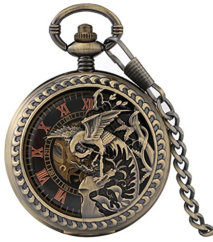 YIHANSS Taschenuhr im Retro-Stil, Bronze, Phönix-Schnitzerei, Hohle Abdeckung, doppeltes offenes Gehäuse, mechanische Handaufzug-Kettenuhr für Männer und Frauen