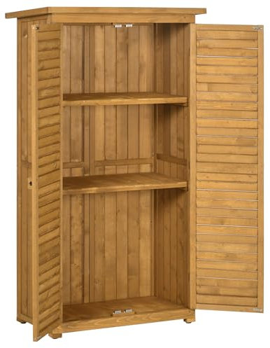 Outsunny Abri de Jardin abri à Outils sur Pied en Bois 2 étagères Portes à Volets Toit en Bitume incliné 87 x 47 x 160 cm Naturel