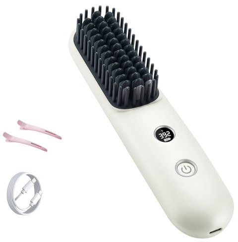 STUDLLY LCD Screen Cordless Hair Straightener Curler 2 in 1, Portable Mini Hair Straightening Brush for Travel Negative Ionic Fast Heating Hot Comb for Women, Folding Brush with Mirror, White