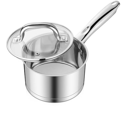 Homikit 14cm Saucepan, Stainless Steel Tri-Ply Base Milk Pan with Glass Lid, Cooking Induction Pot Suitable for All Kitchen Cooktops, Healthy & Easy Clean - 1L