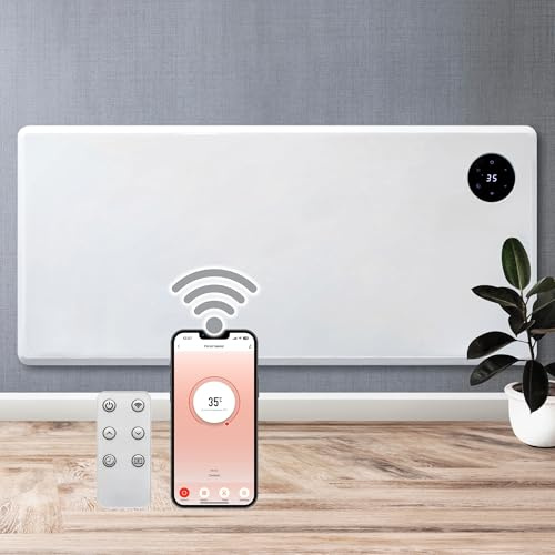 Purus 2000W WiFi Electric Panel Heater, Wall Mounted & Freestanding, White | 2000W smart heater with app, Alexa and Google Home control, 23m² coverage, 5–35°C thermostat, open-window detection and IP24.